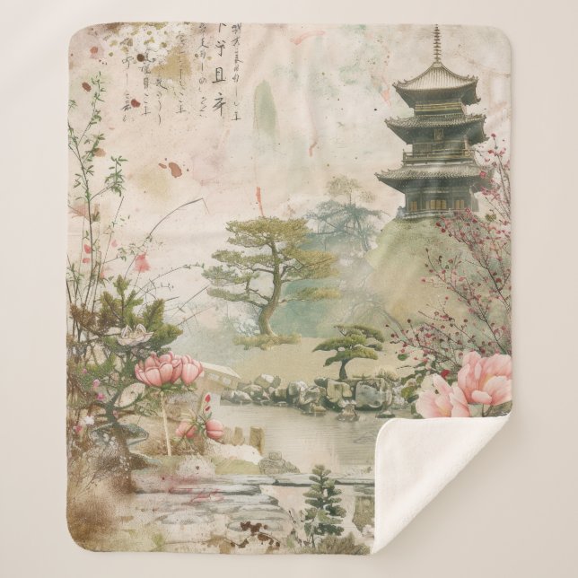 Cherry Blossom Garden Scene (3) Sherpa Blanket (Front)