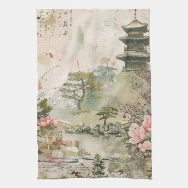 Cherry Blossom Garden Scene (3) Tea Towel (Vertical)