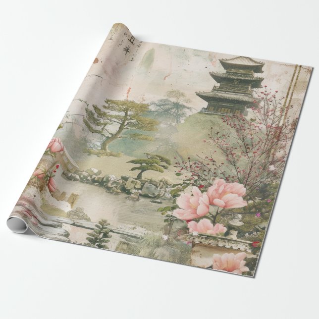 Cherry Blossom Garden Scene (3) Wrapping Paper (Unrolled)