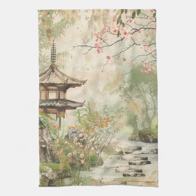 Cherry Blossom Garden Scene (4) Tea Towel (Vertical)