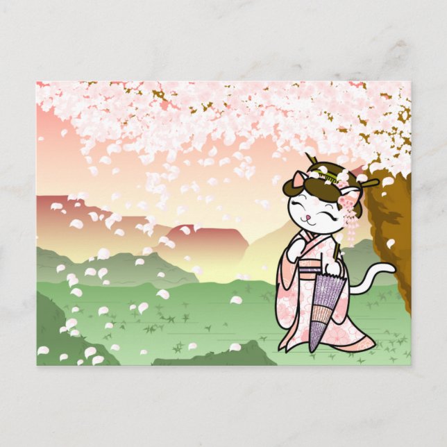 Cherry Blossom Geisha Kitty Postcard (Front)
