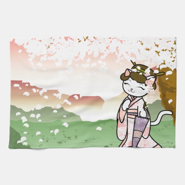 Cherry Blossom Geisha Kitty Tea Towel (Horizontal)