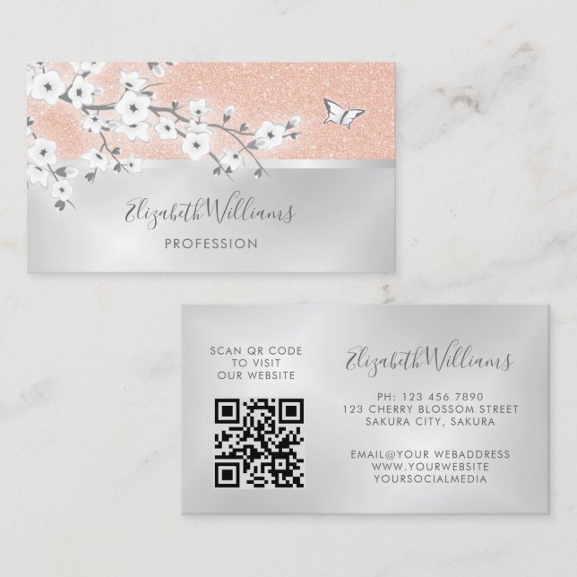 Cherry Blossom Glitter Silver Business Card (Front/Back)