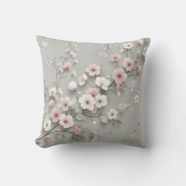 Cherry Blossom Grey Pink Japanese Floral  Cushion (Front)
