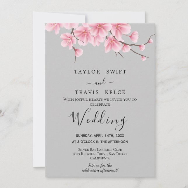 Cherry Blossom Grey Wedding Invitation (Front)