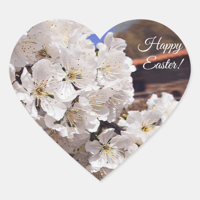 Cherry Blossom. Happy Easter. Heart Sticker (Front)