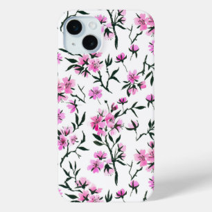 Cherry blossom in pink and blue iPhone 15 mini case
