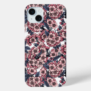 Cherry blossom in pink and blue iPhone 15 mini case