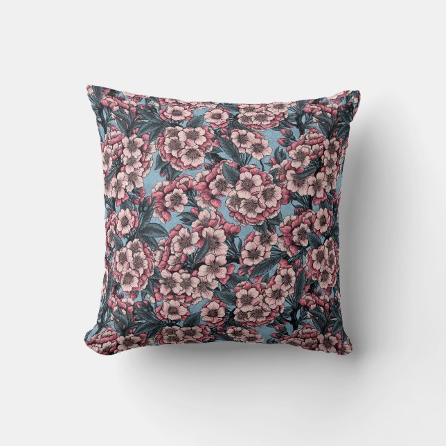 Cherry blossom in pink and blue cushion (Front)