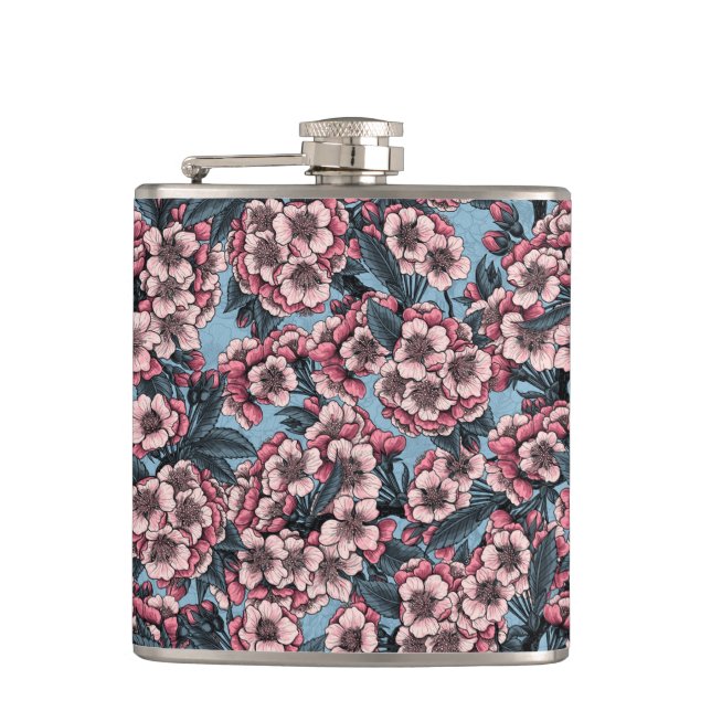 Cherry blossom in pink and blue hip flask (Front)