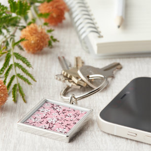 Cherry blossom in pink and blue key ring