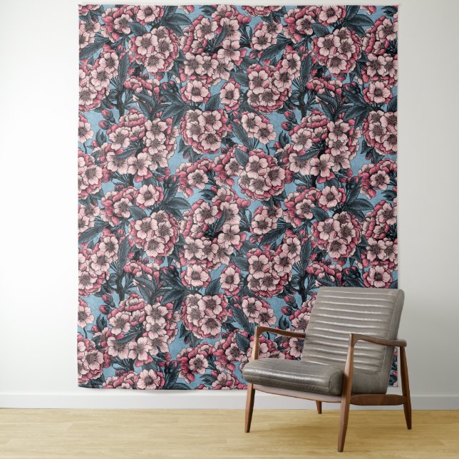 Cherry blossom in pink and blue tapestry (In Situ)