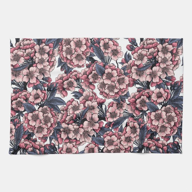 Cherry blossom in pink and blue tea towel (Horizontal)