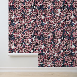 Cherry blossom in pink and blue wallpaper