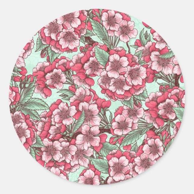 Cherry blossom in pink and mint classic round sticker (Front)