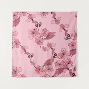 Cherry blossom in pink colour on white background. tapestry