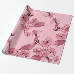 Cherry blossom in pink colour on white background. wrapping paper