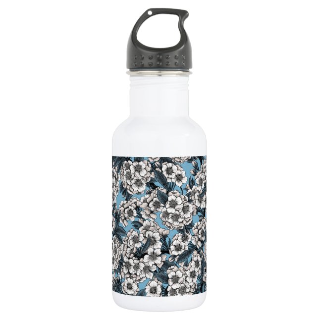 Cherry blossom in white and blue 532 ml water bottle (Front)