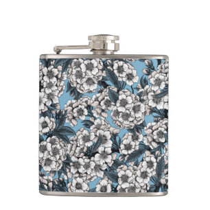 Cherry blossom in white and blue hip flask