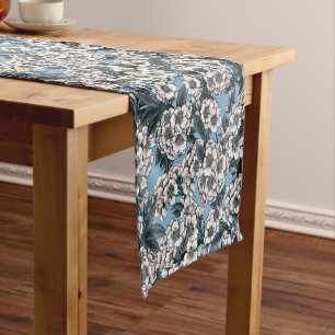Cherry blossom in white and blue short table runner