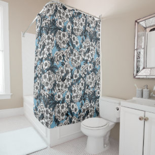 Cherry blossom in white and blue shower curtain