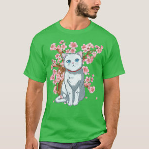 Cherry Blossom Japanese Art White Cat  T-Shirt