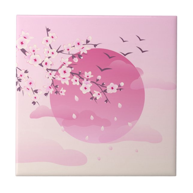 Cherry Blossom Japanese Landscape Pink Tile (Front)