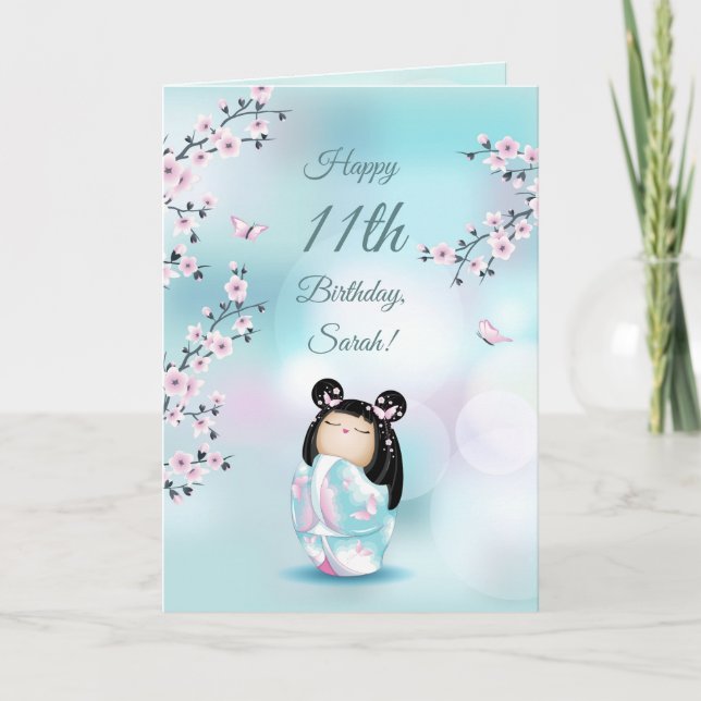 Cherry Blossom Kokeshi Doll | Girls Birthday Pink Card (Front)