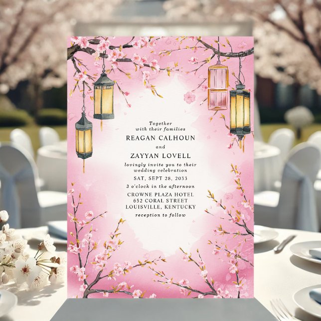 Cherry Blossom Lantern Pink Spring Wedding Invitation (Creator Uploaded)