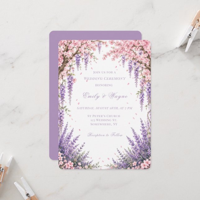 Cherry Blossom Lavender Tree Wedding Ceremony  Invitation (Front/Back In Situ)