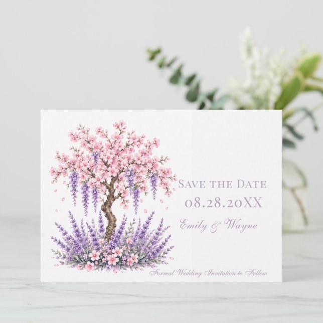 Cherry Blossom Lavender Tree Wedding Save The Date (Standing Front)