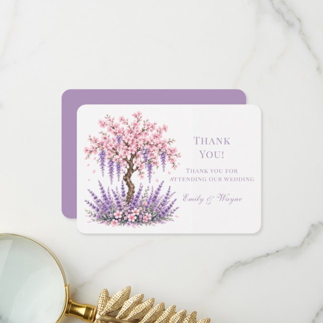 Cherry Blossom Lavender Tree Wedding Thank You Card (Front/Back In Situ)
