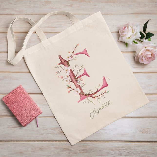 Cherry Blossom Letter 'E' Monogram Custom Name Tote Bag (Creator Uploaded)
