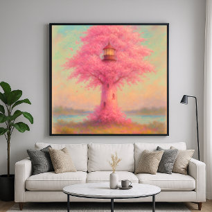 Cherry Blossom Lighthouse - Pastel Painting Style Poster