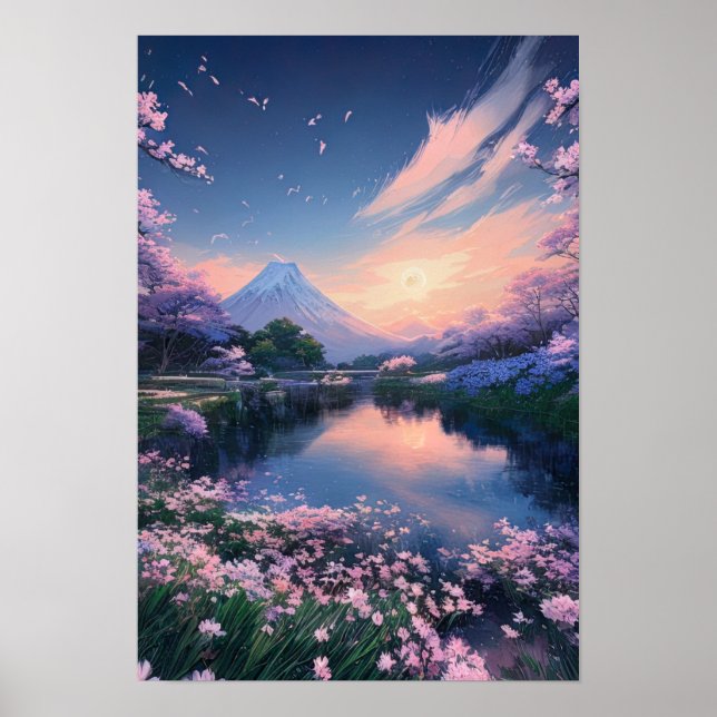 Cherry Blossom Magic at the Mountain Lake Poster (Front)