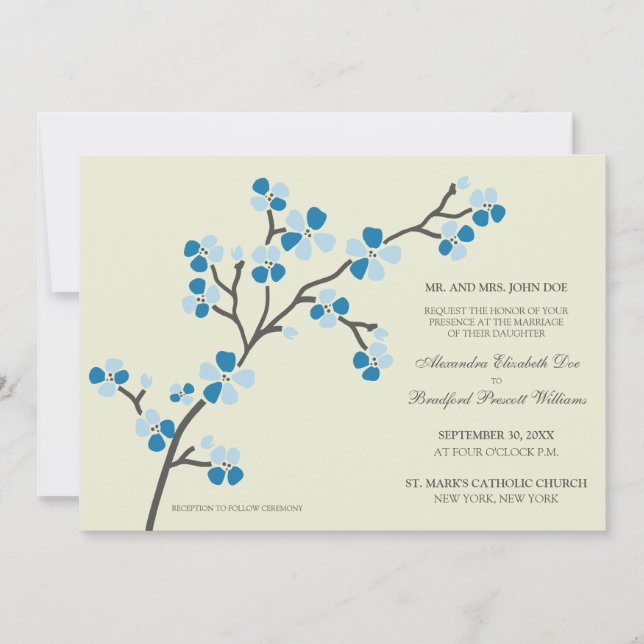 Cherry Blossom Modern Wedding Invitation :: blue (Front)