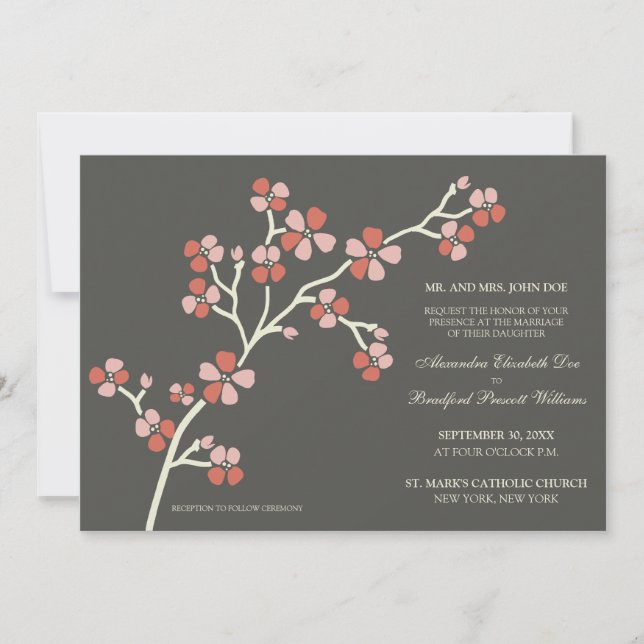 Cherry Blossom Modern Wedding Invitation :: coral (Front)