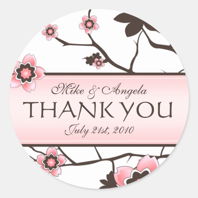 Cherry Blossom Modern Wedding Thank You Classic Round Sticker (Front)