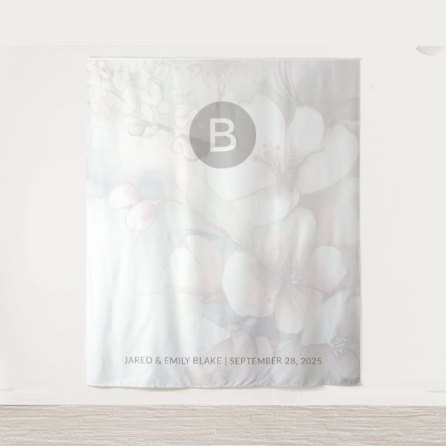 Cherry Blossom Monogram Wedding Backdrop Tapestry (Front)