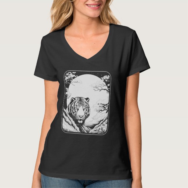 Cherry Blossom Moon Big Cat - Wildlife Animal Tige T-Shirt (Front)