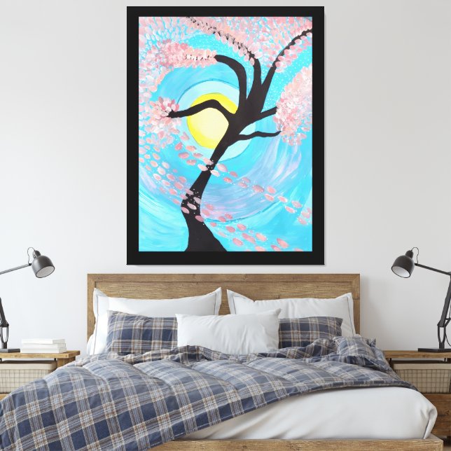 Cherry Blossom Moon Hand Painted Acrylic Canvas Ar Print (Insitu(Bedroom))
