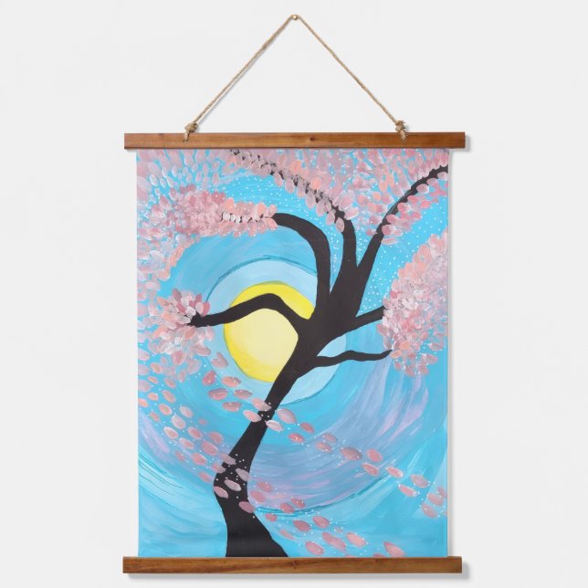 Cherry Blossom Moon Hand Painted Wall Tapestry Art (Front)