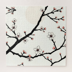 Cherry Blossom Moon Minimal Pattern Jigsaw Puzzle