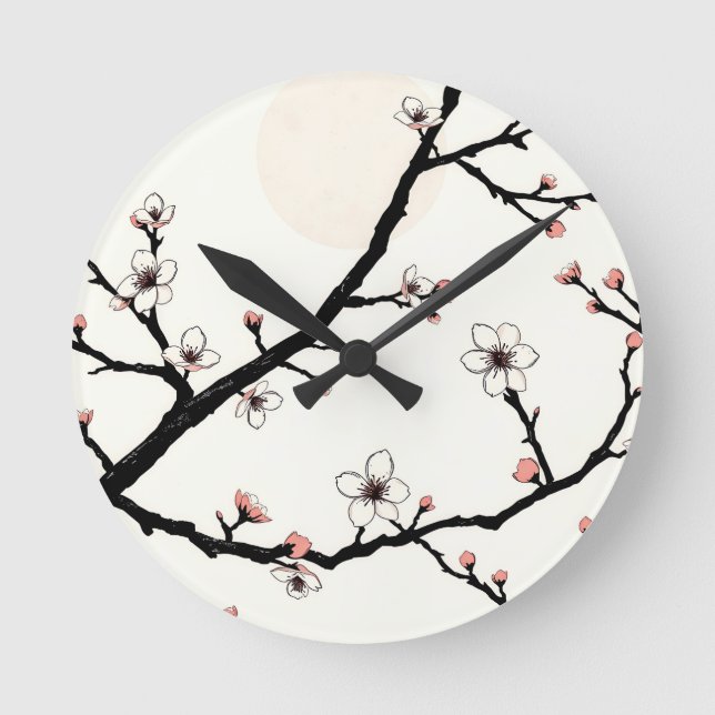 Cherry Blossom Moon Minimal Pattern Round Clock (Front)