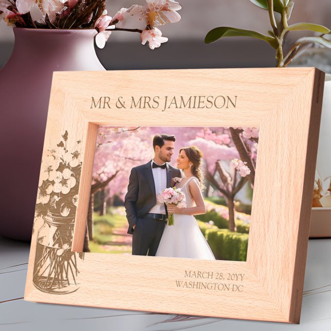 Cherry Blossom Mr and Mrs Wedding Photo  Etched Frames (Mr and Mrs Wooden Photo Frame from the Cherry Blossom wedding collection by Darling & May)