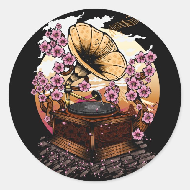 Cherry Blossom Musical Classic Round Sticker (Front)
