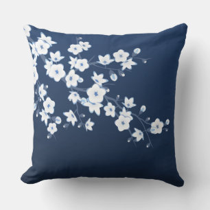 Cherry Blossom Navy Blue White Floral Cushion
