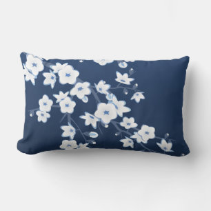 Cherry Blossom Navy Blue White Floral Lumbar Cushion