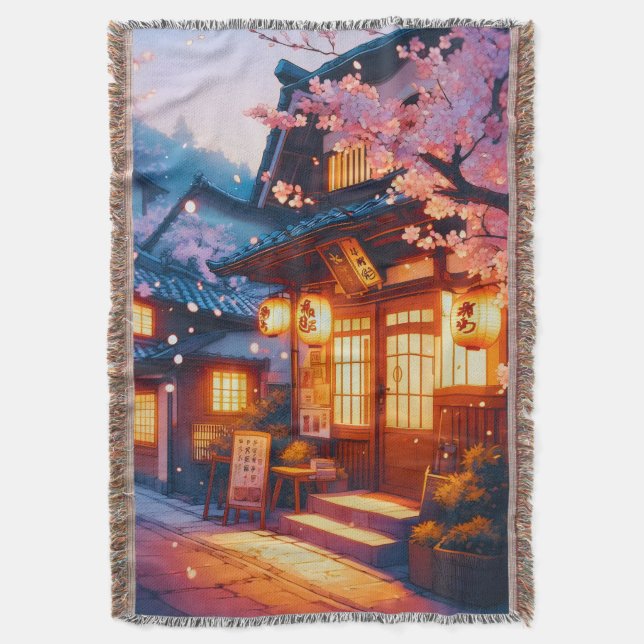 Cherry Blossom Night in Old Japan Throw Blanket (Front Vertical)