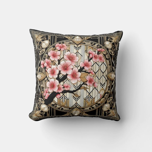 Cherry Blossom on Art Deco Background Cushion (Front)